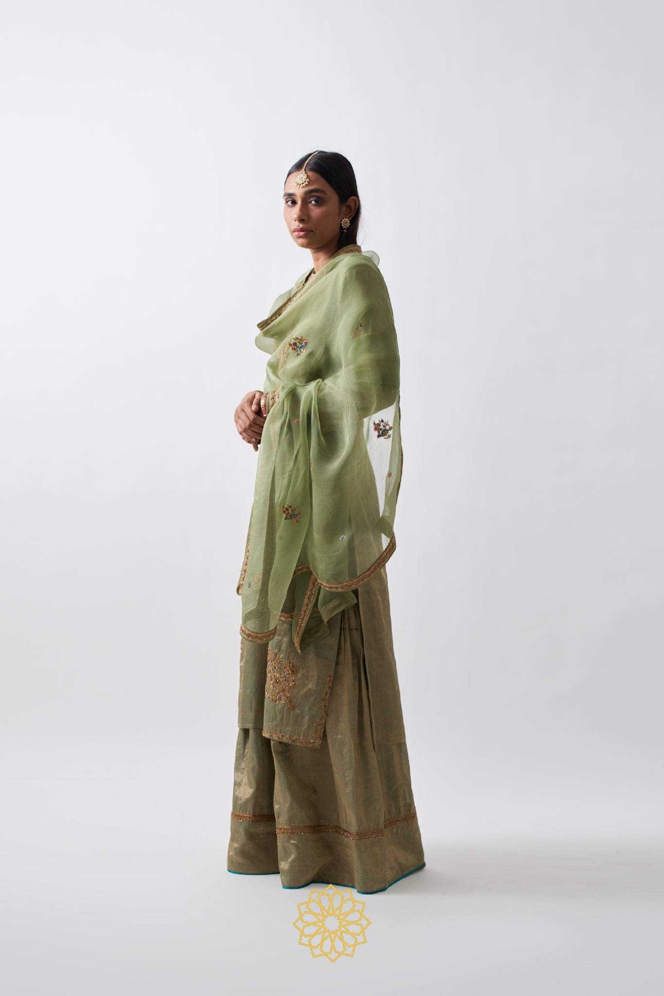 AMYRA HANDWOVEN EMBROIDERED PISTACHIO GREEN SHARARA
