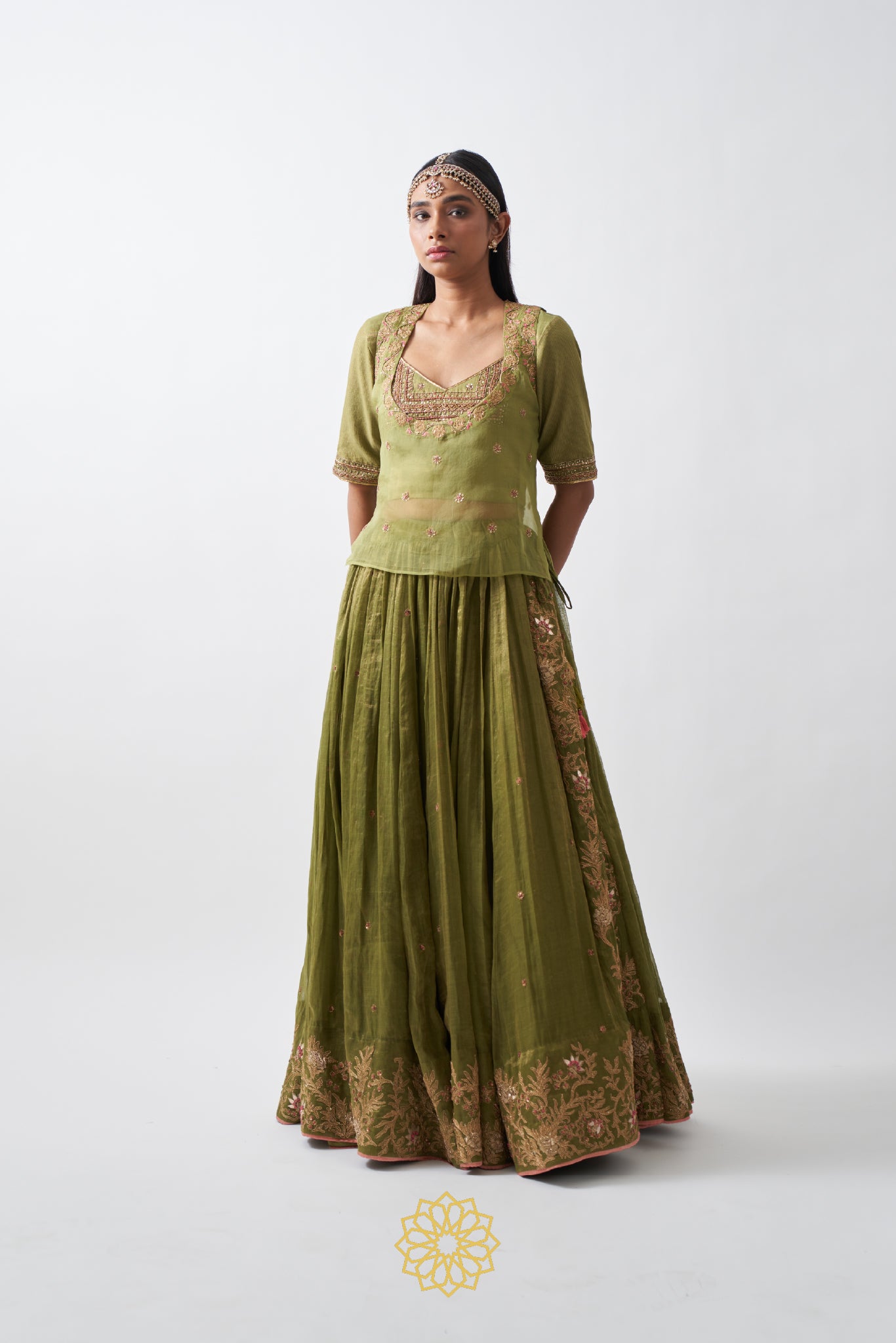 ANIKA LIME GREEN EMBROIDERED TISSUE CHANDERI LEHENGA