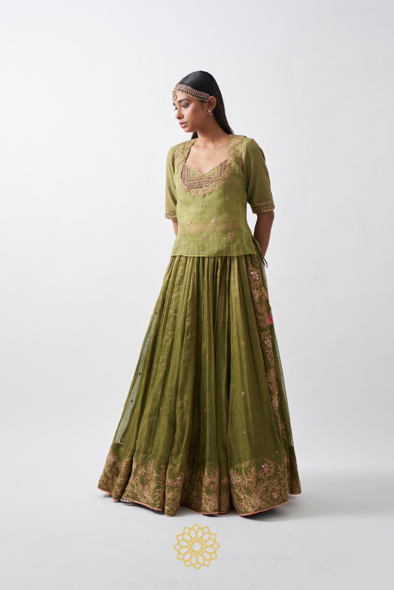 ANIKA LIME GREEN EMBROIDERED TISSUE CHANDERI LEHENGA