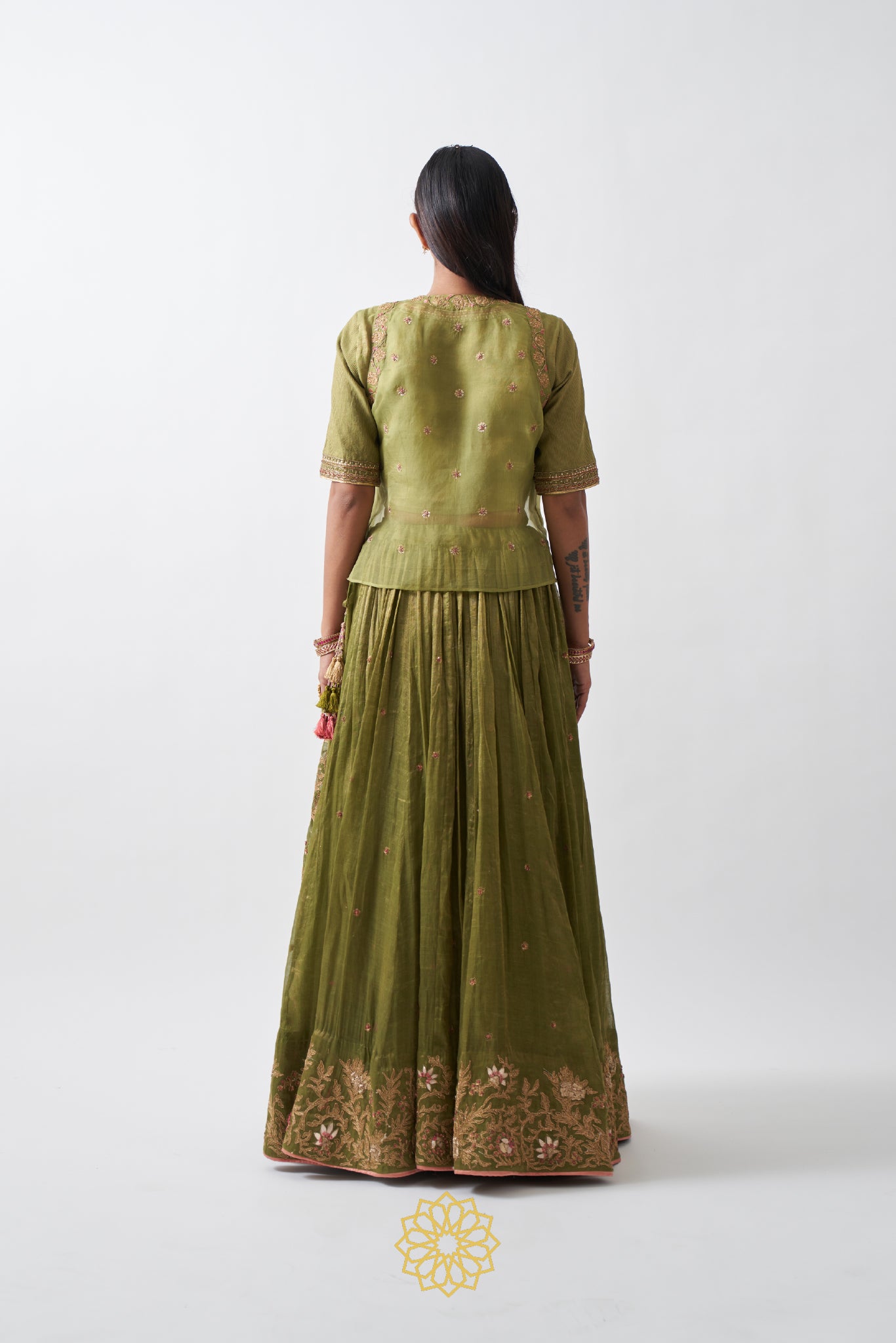 ANIKA LIME GREEN EMBROIDERED TISSUE CHANDERI LEHENGA