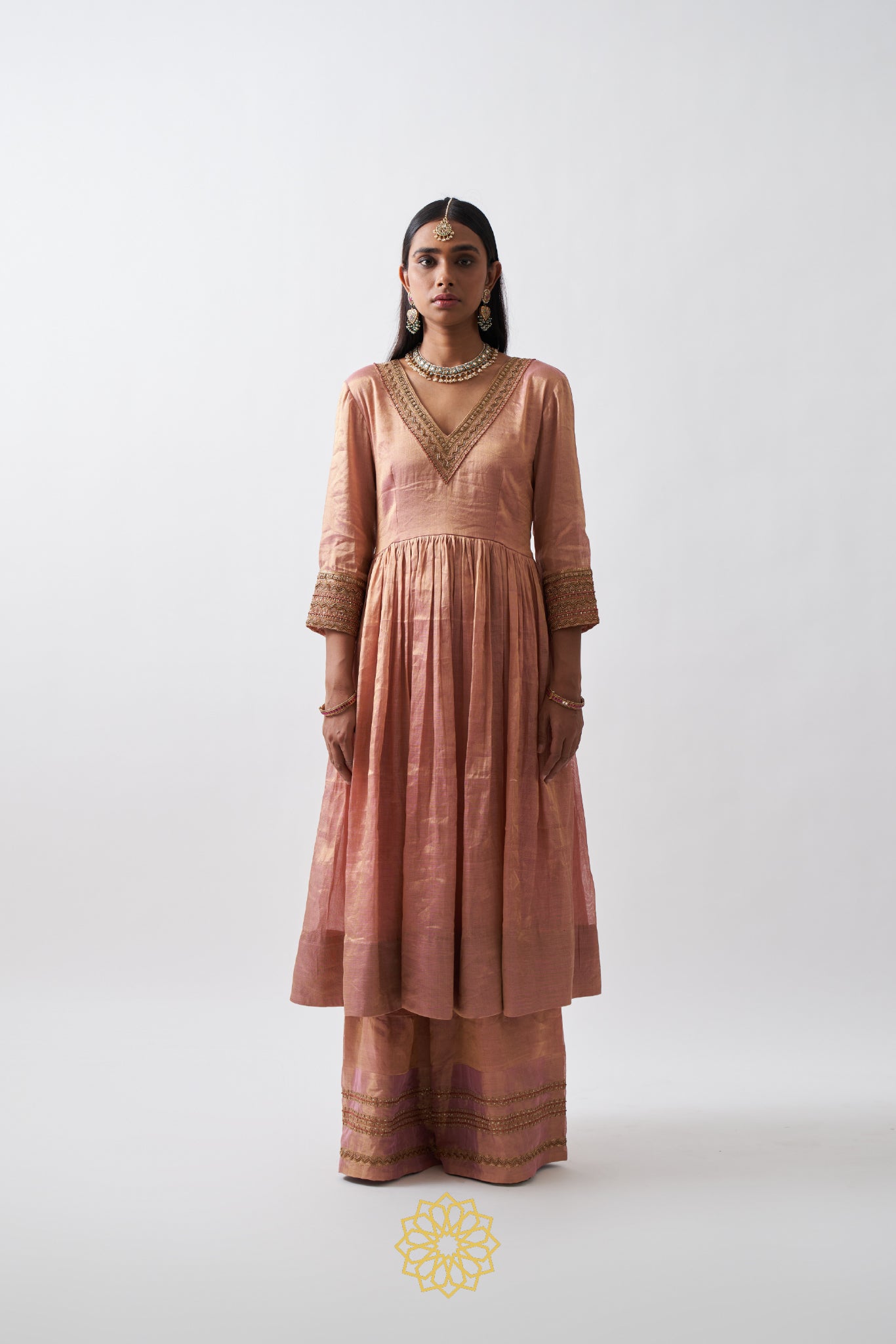 AVNI GOLD PEACH HANDWOVEN TISSUE CHANDERI ANARKALI