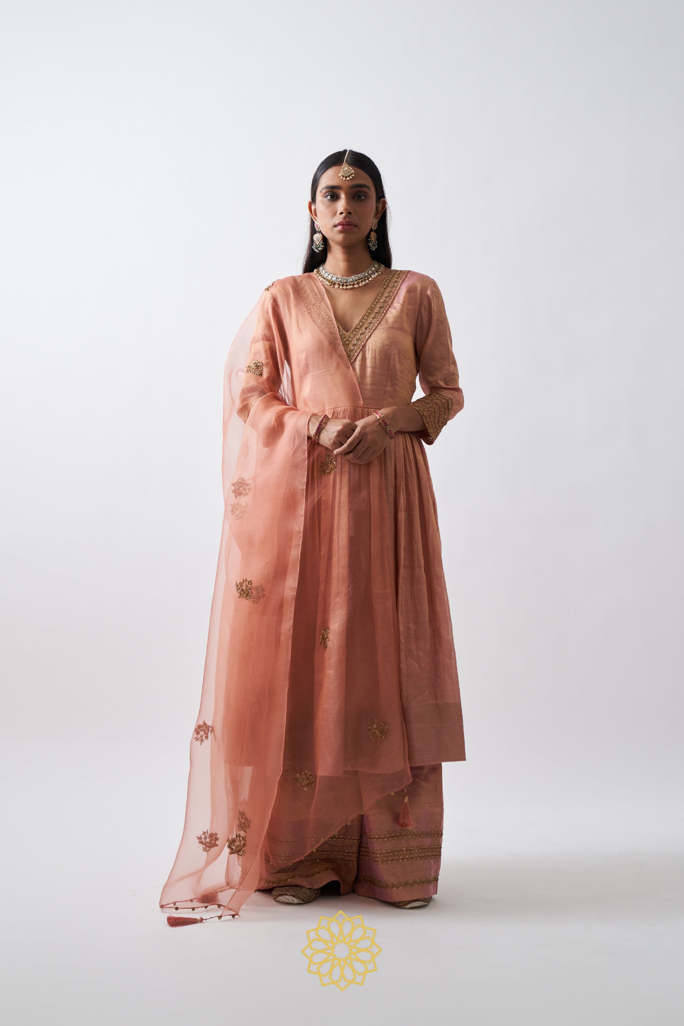 AVNI GOLD PEACH HANDWOVEN TISSUE CHANDERI ANARKALI