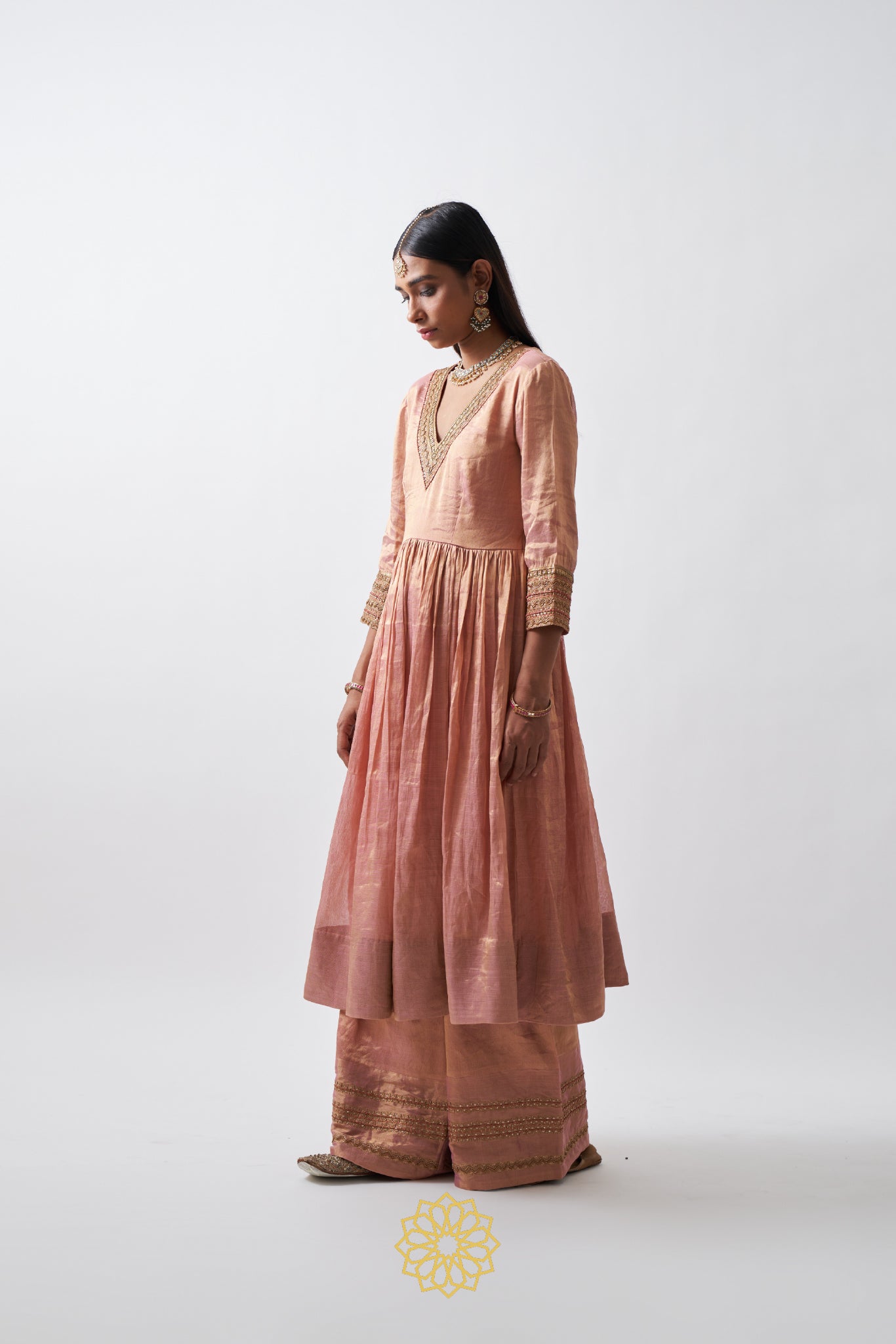 AVNI GOLD PEACH HANDWOVEN TISSUE CHANDERI ANARKALI