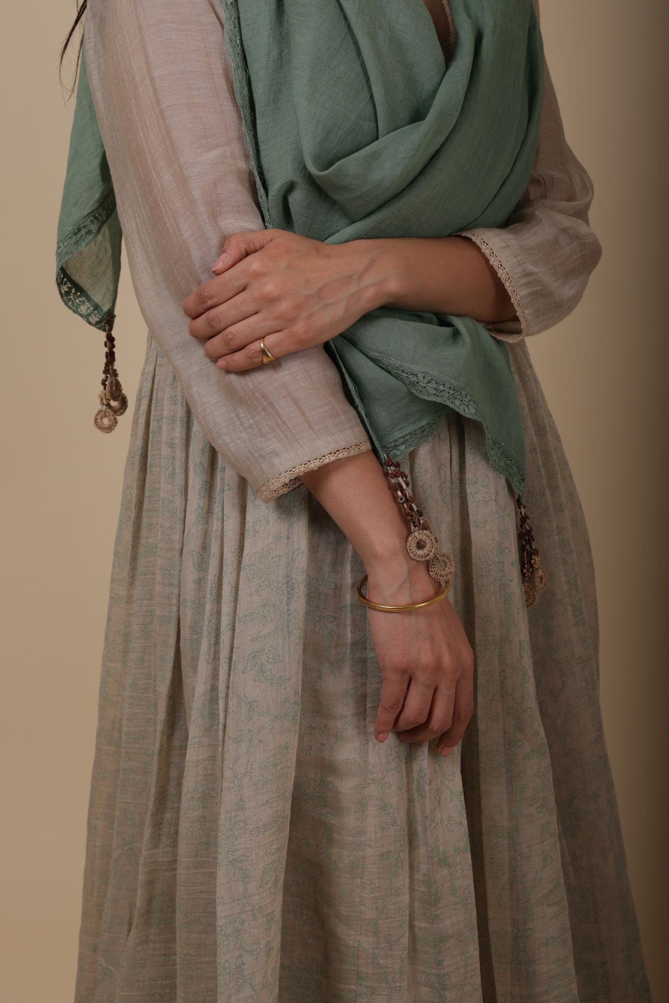 AASHI ALMOND HANDPRINTED SOFR CHANDERI MUL ANARKALI