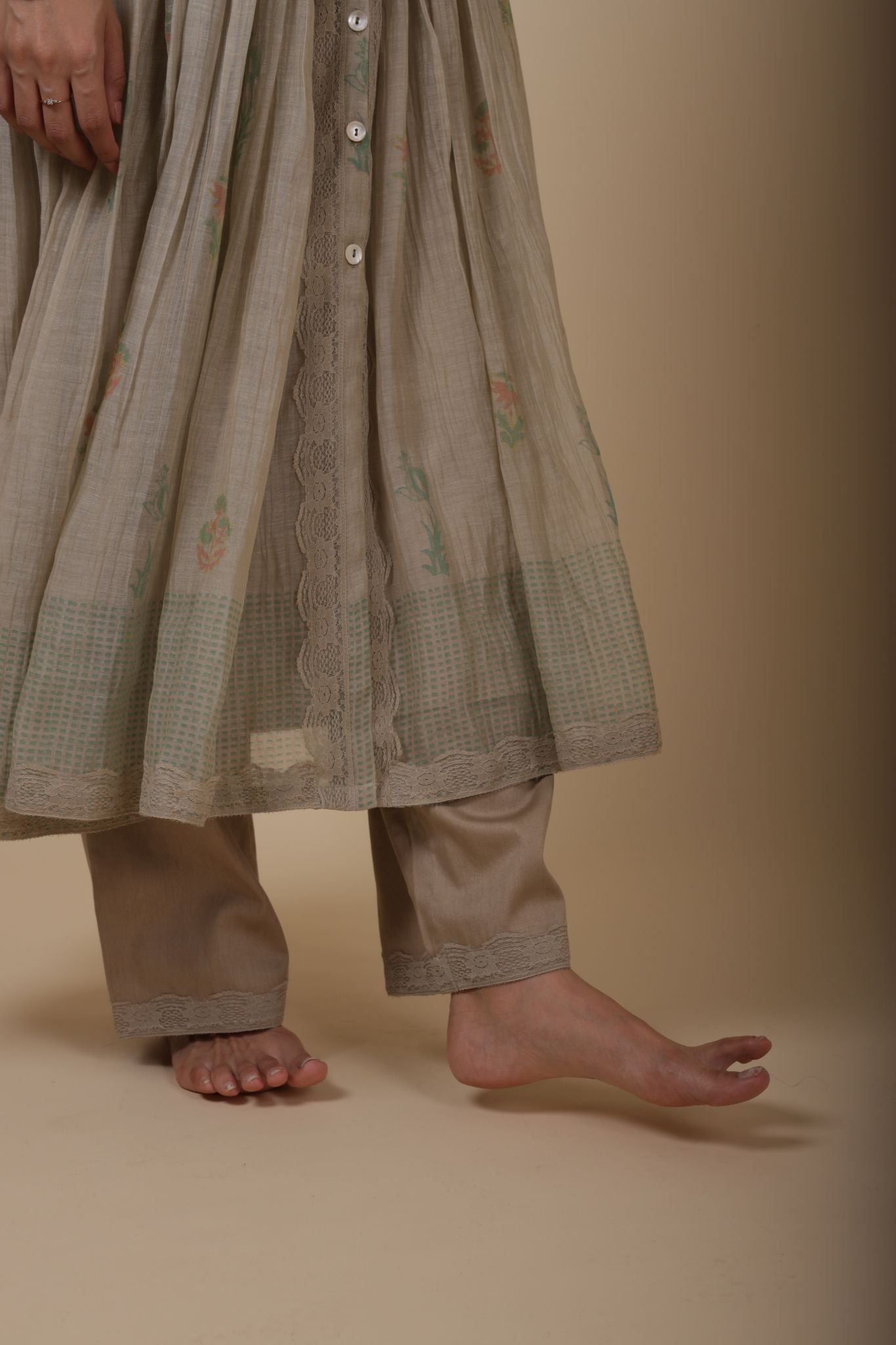 AASHI ALMOND HANDPRINTED SOFR CHANDERI MUL ANARKALI