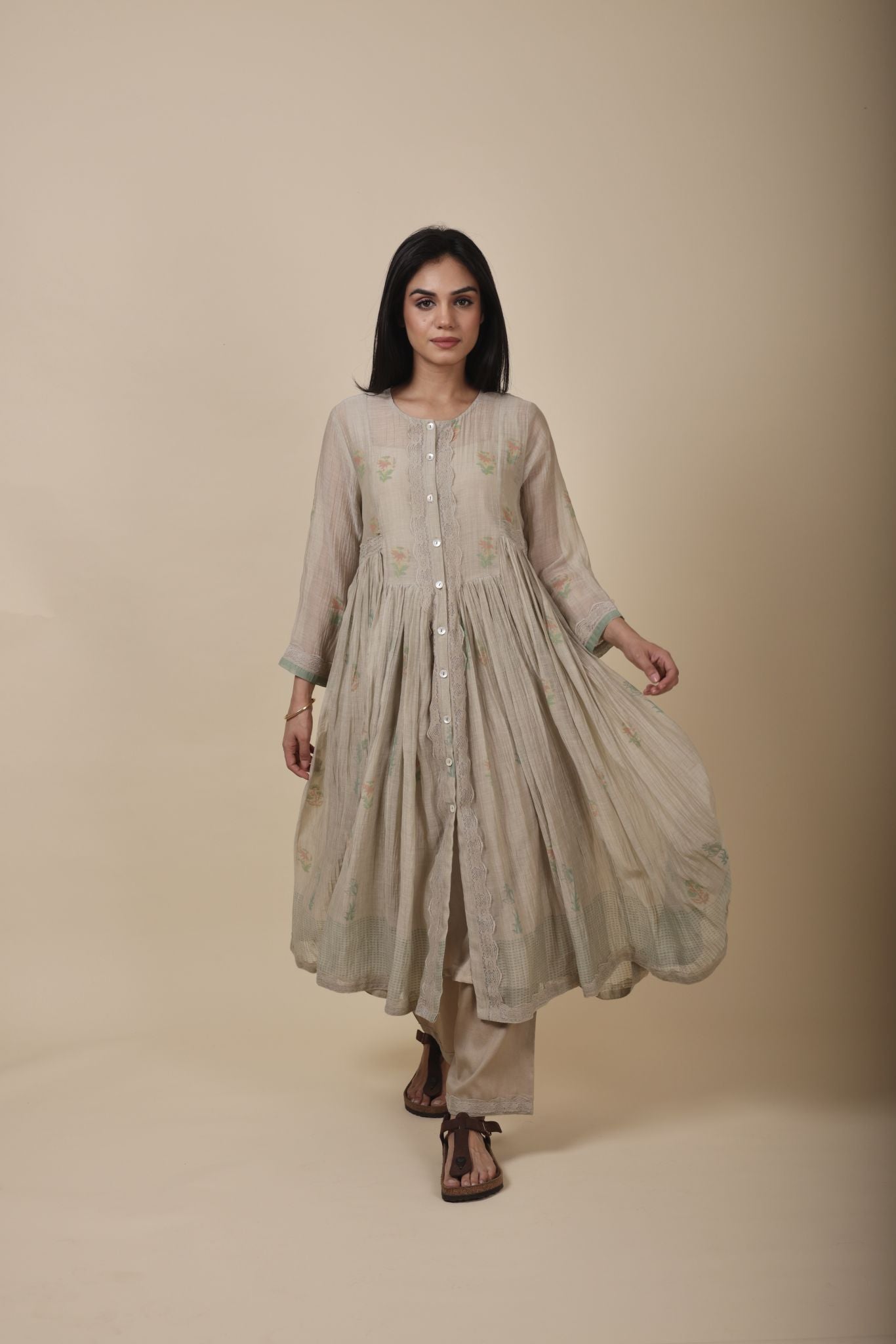 AASHI ALMOND HANDPRINTED SOFR CHANDERI MUL ANARKALI