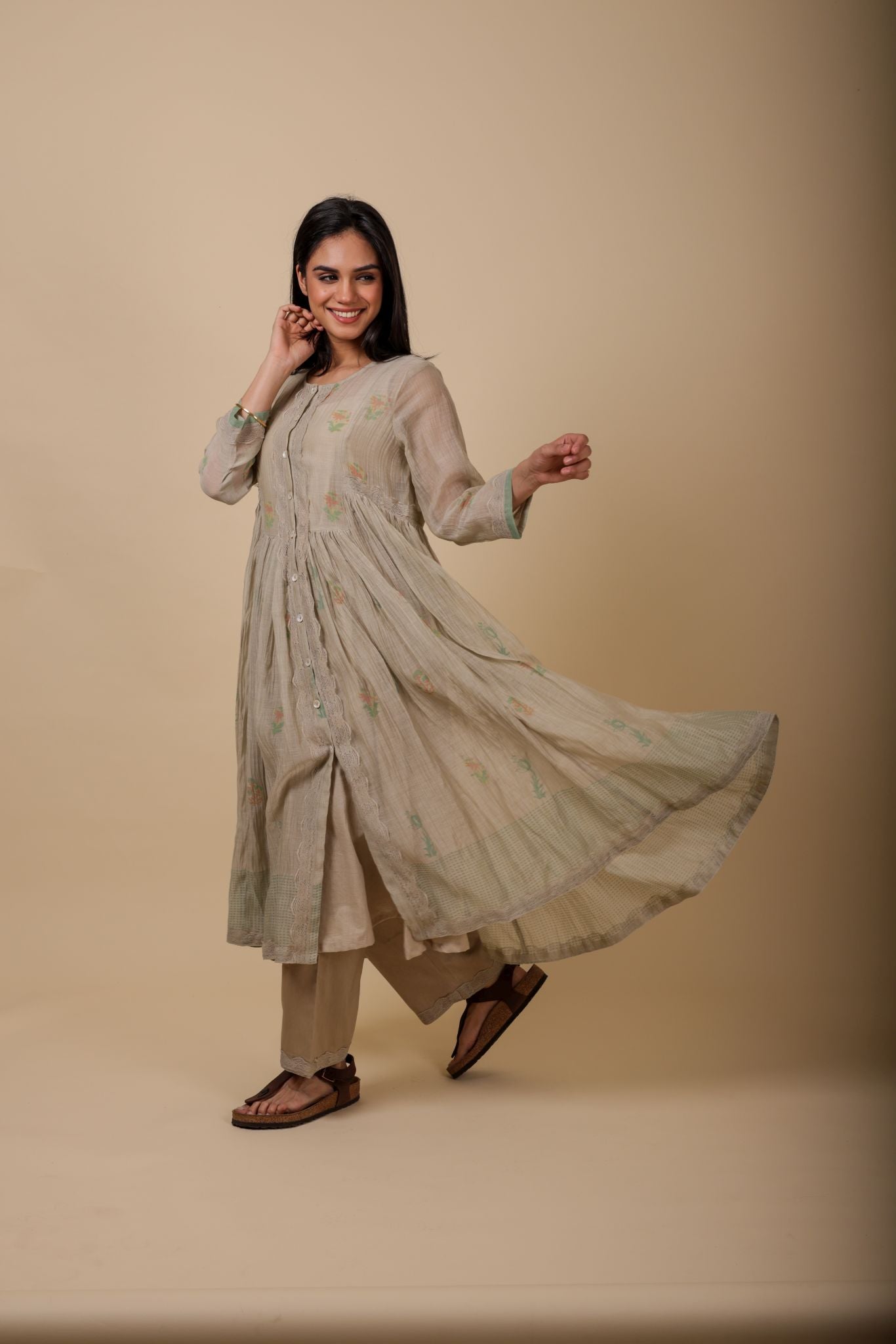 AASHI ALMOND HANDPRINTED SOFR CHANDERI MUL ANARKALI