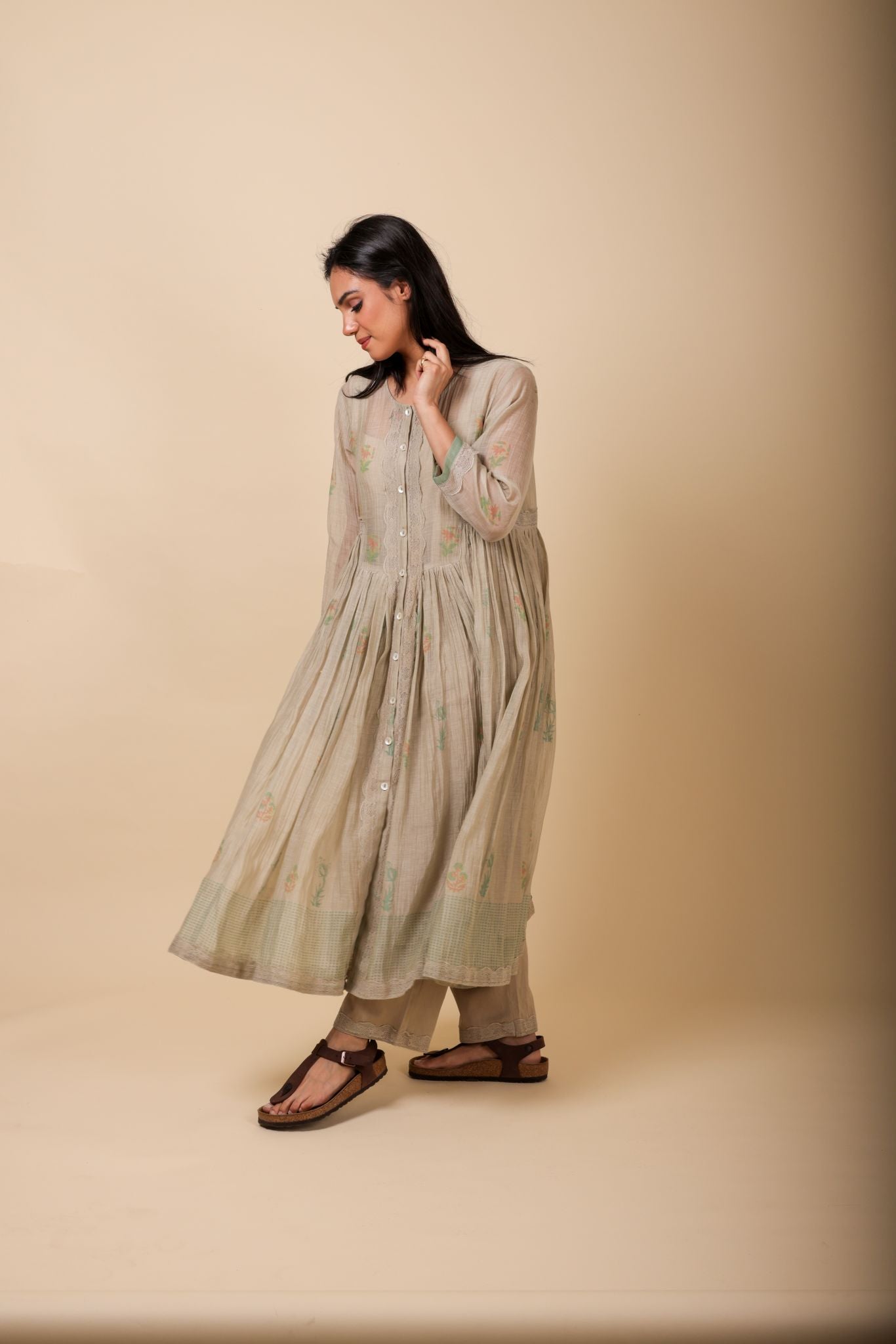 AASHI ALMOND HANDPRINTED SOFR CHANDERI MUL ANARKALI