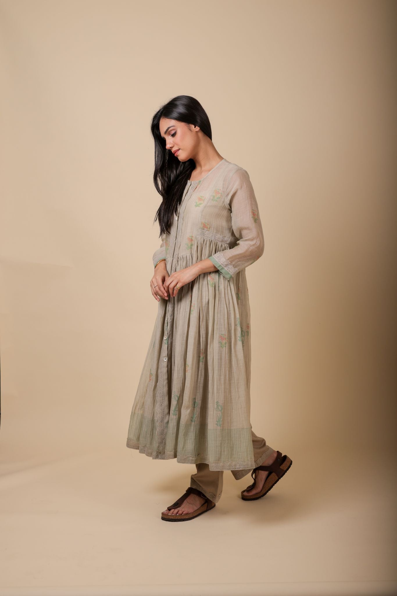 AASHI ALMOND HANDPRINTED SOFR CHANDERI MUL ANARKALI