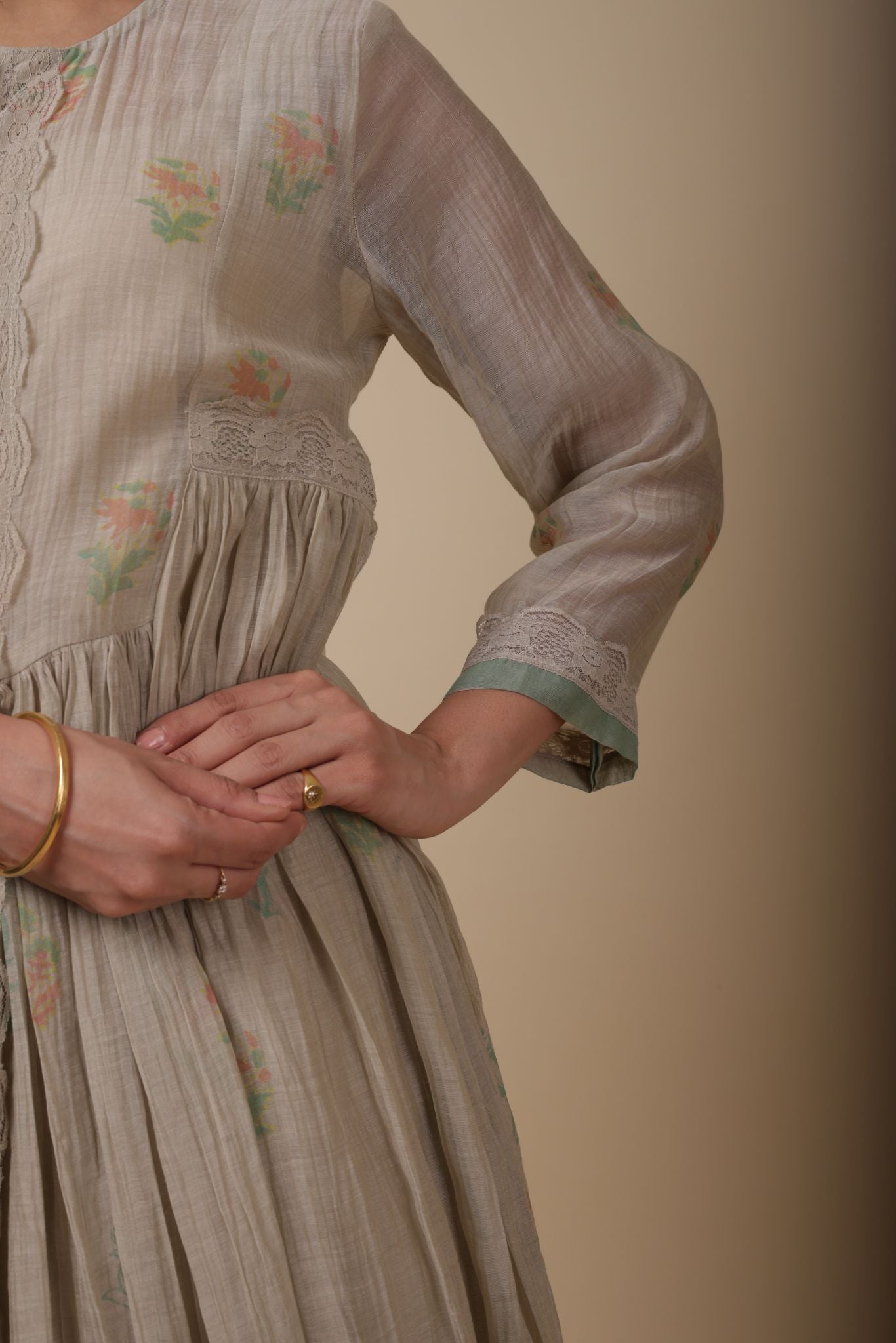 AASHI ALMOND HANDPRINTED SOFR CHANDERI MUL ANARKALI