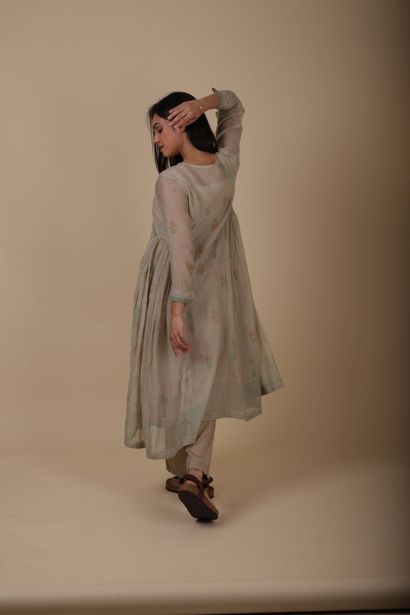 AASHI ALMOND HANDPRINTED SOFR CHANDERI MUL ANARKALI