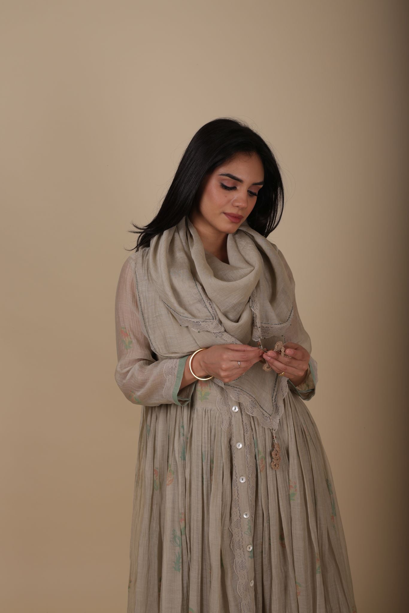 AASHI ALMOND HANDPRINTED SOFR CHANDERI MUL ANARKALI