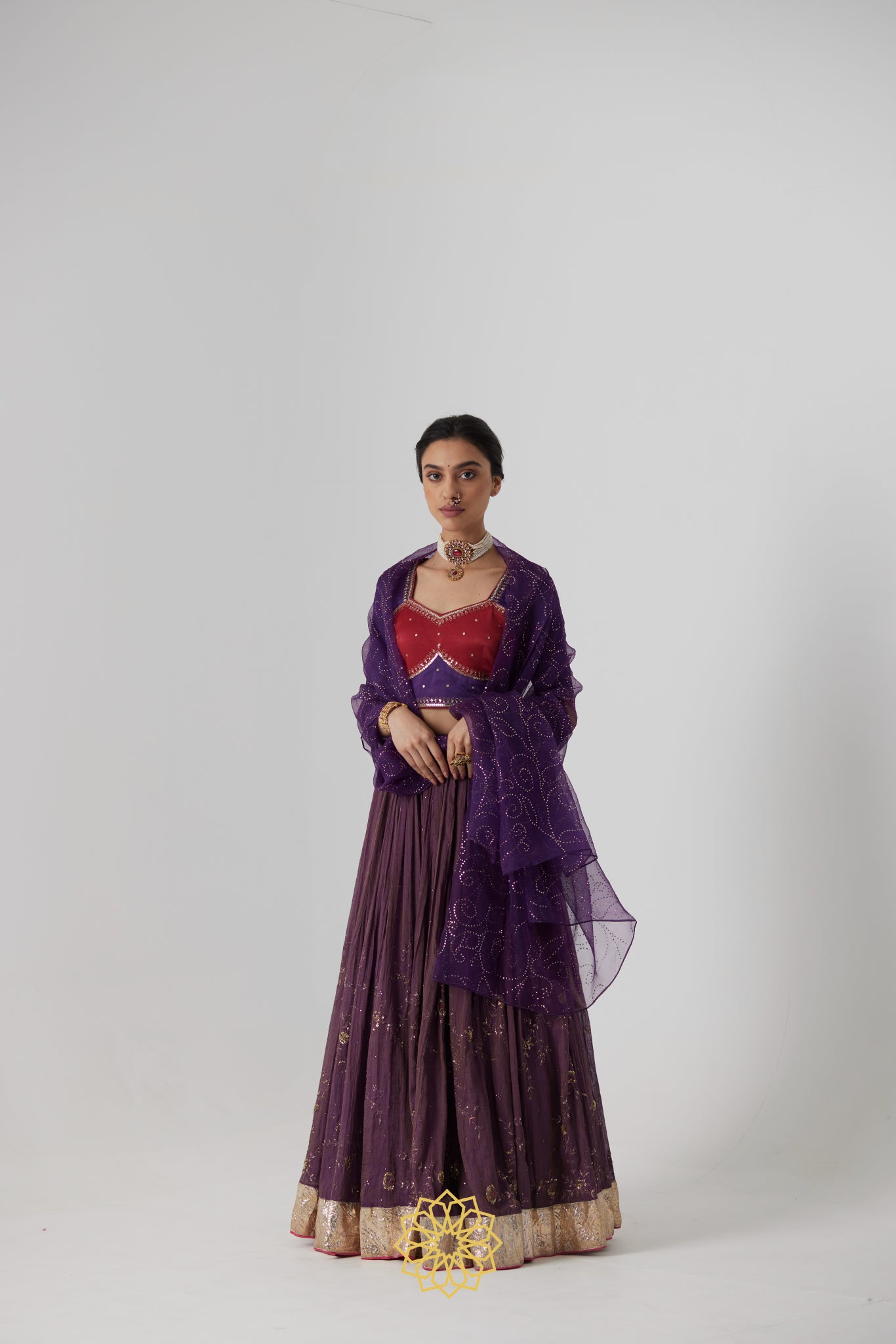 Dipta - Deep purple handcrafted tissue chanderi lehenga with purple-pink gajji silk blouse