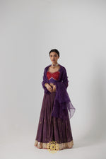 Load image into Gallery viewer, Dipta - Deep purple handcrafted tissue chanderi lehenga with purple-pink gajji silk blouse
