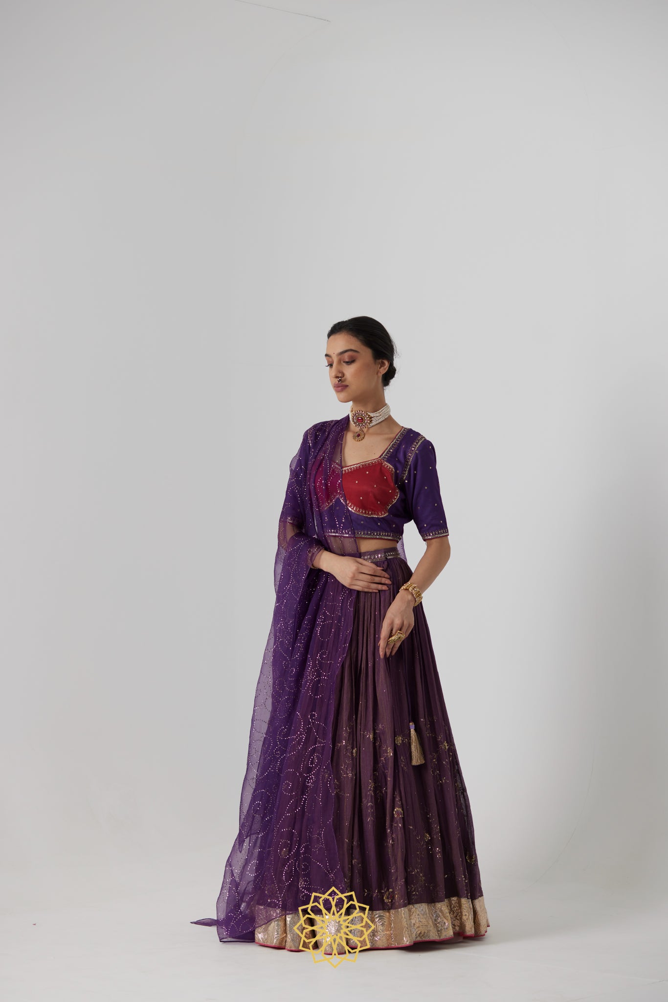 Dipta - Deep purple handcrafted tissue chanderi lehenga with purple-pink gajji silk blouse