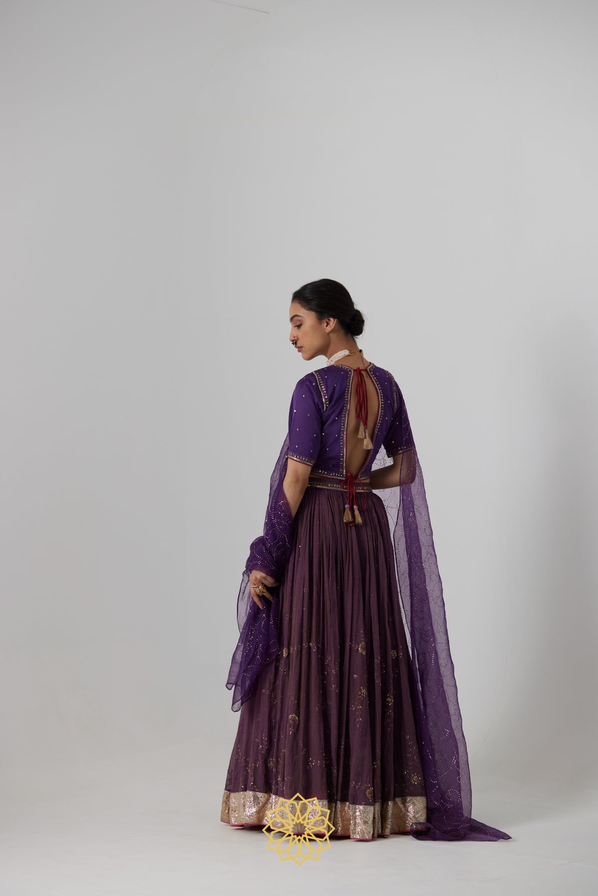 Dipta - Deep purple handcrafted tissue chanderi lehenga with purple-pi