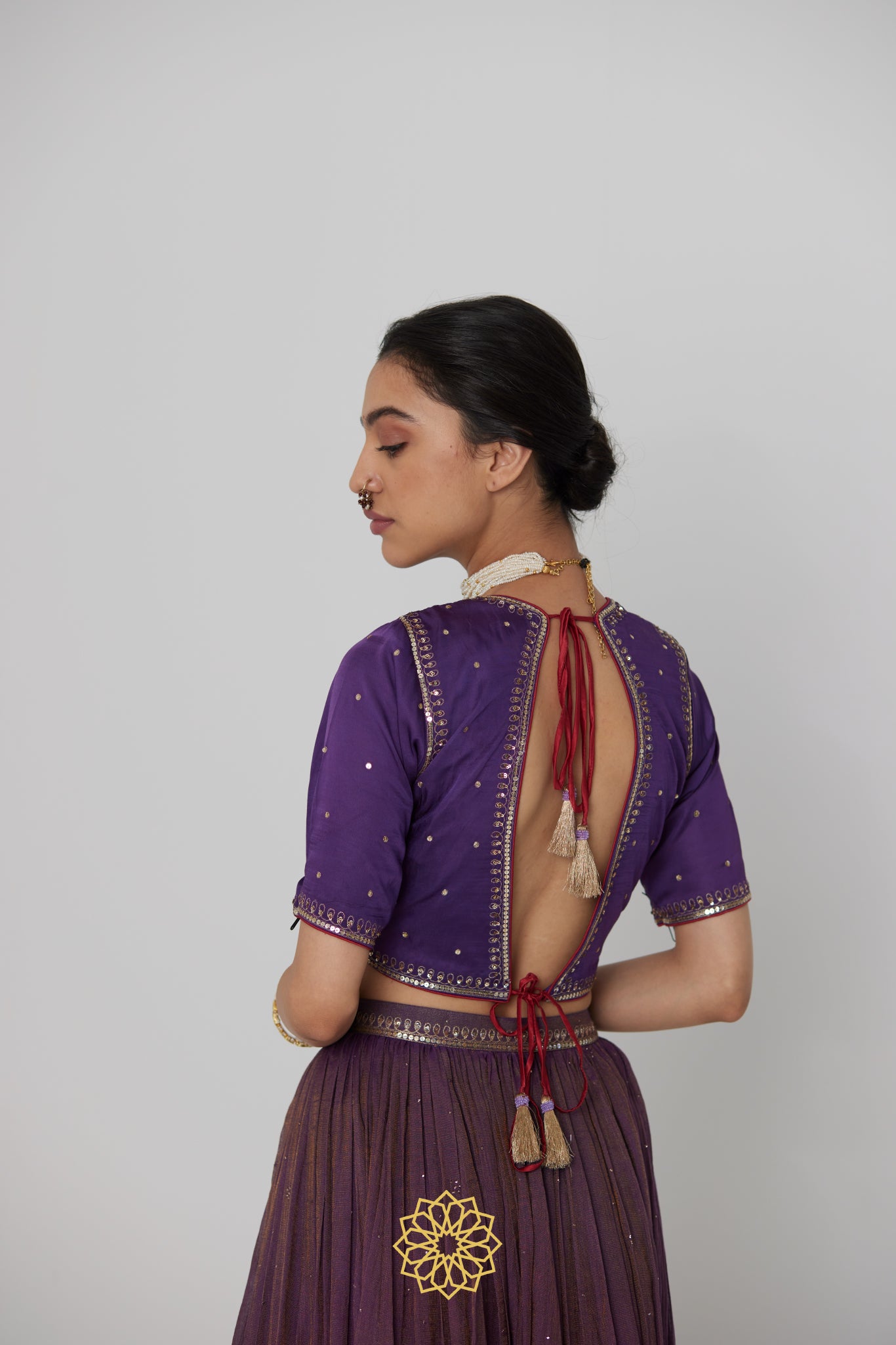 Dipta - Deep purple handcrafted tissue chanderi lehenga with purple-pink gajji silk blouse