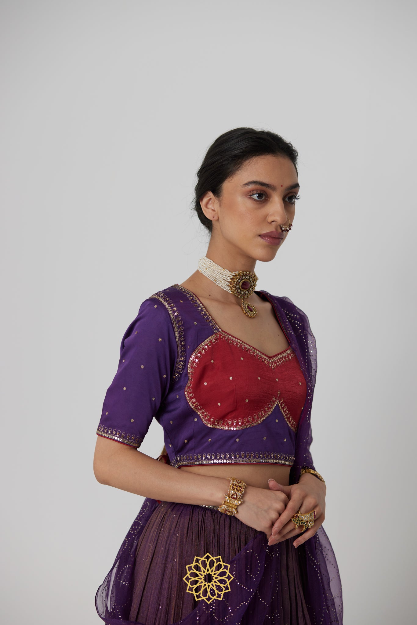 Dipta - Deep purple handcrafted tissue chanderi lehenga with purple-pink gajji silk blouse