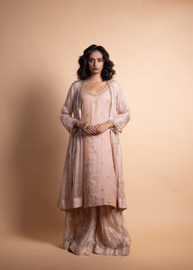 Chaitra - Soft Pink Banarasi Silk Tissue Kurta and Sharara Paired with Soft Pink Kota Silk Jacket in Handcrafted in Ari-Zardozi Embroidery