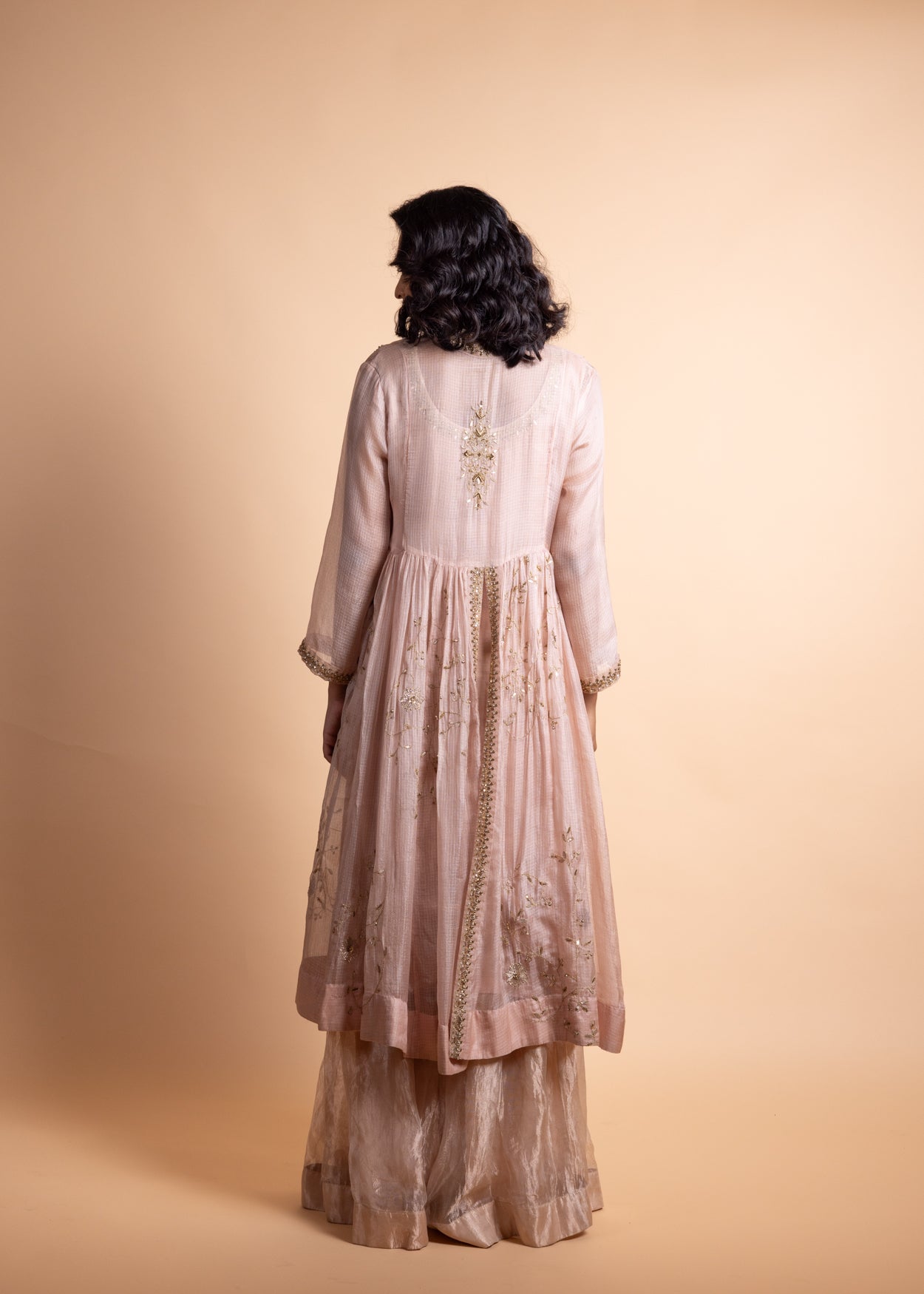 Chaitra - Soft Pink Banarasi Silk Tissue Kurta and Sharara Paired with Soft Pink Kota Silk Jacket in Handcrafted in Ari-Zardozi Embroidery