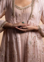 Load image into Gallery viewer, Chaitra - Soft Pink Banarasi Silk Tissue Kurta and Sharara Paired with Soft Pink Kota Silk Jacket in Handcrafted in Ari-Zardozi Embroidery
