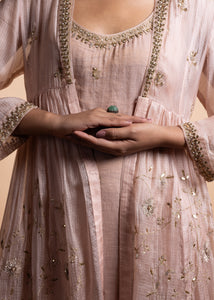 Chaitra - Soft Pink Banarasi Silk Tissue Kurta and Sharara Paired with Soft Pink Kota Silk Jacket in Handcrafted in Ari-Zardozi Embroidery