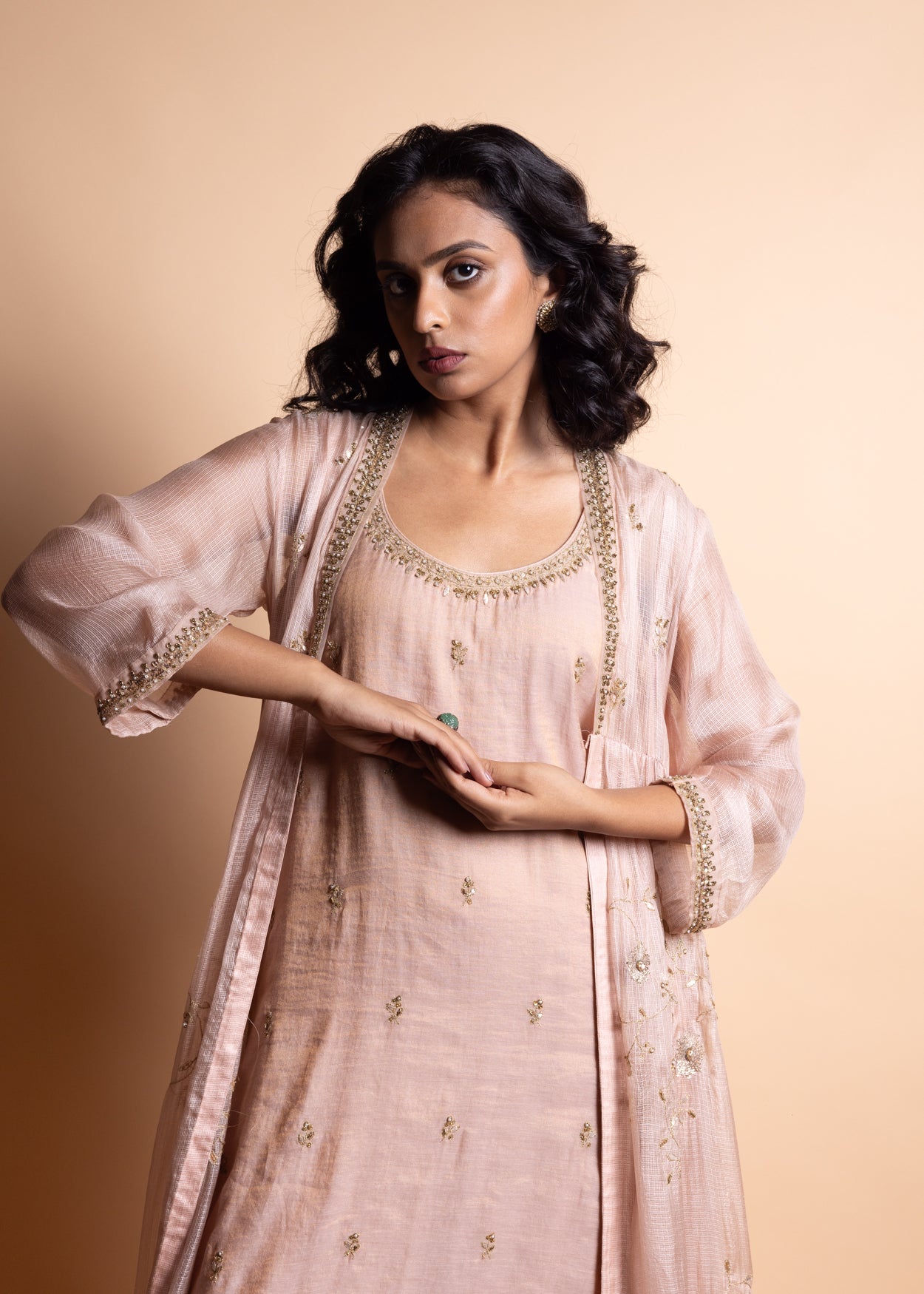 Chaitra - Soft Pink Banarasi Silk Tissue Kurta and Sharara Paired with Soft Pink Kota Silk Jacket in Handcrafted in Ari-Zardozi Embroidery