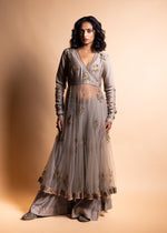 Load image into Gallery viewer, Aashna - Soft grey chanderi silk anarkali and tonal sharara paired with pink tissue chanderi dupatta handcrafted in ari-zardosi embroidery
