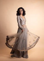 Load image into Gallery viewer, Aashna - Soft grey chanderi silk anarkali and tonal sharara paired with pink tissue chanderi dupatta handcrafted in ari-zardosi embroidery
