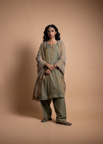 Load image into Gallery viewer, Kirat - Green Straight Suit Set with Tissue Chanderi Shirt and Ethereal Poly Organza Sleeves, Paired with Jam Cotton Bottoms, Featuring Intricate Ari-Zardozi Embroidery
