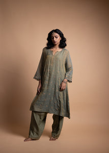 Kirat - Green Straight Suit Set with Tissue Chanderi Shirt and Ethereal Poly Organza Sleeves, Paired with Jam Cotton Bottoms, Featuring Intricate Ari-Zardozi Embroidery