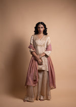 Load image into Gallery viewer, Tashi - Beige-Gold Sharara Suit Set with a Satin Top, Adorned with Handcrafted Ari-Zardozi Embroidery and Striped Chanderi Facing, Paired with Satin Bottoms and a Delicate Tissue Chanderi Dupatta
