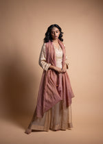 Load image into Gallery viewer, Tashi - Beige-Gold Sharara Suit Set with a Satin Top, Adorned with Handcrafted Ari-Zardozi Embroidery and Striped Chanderi Facing, Paired with Satin Bottoms and a Delicate Tissue Chanderi Dupatta
