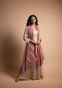 Tashi - Beige-Gold Sharara Suit Set with a Satin Top, Adorned with Handcrafted Ari-Zardozi Embroidery and Striped Chanderi Facing, Paired with Satin Bottoms and a Delicate Tissue Chanderi Dupatta