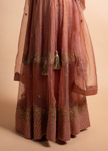 Tira- Peach Chanderi Silk Blouse and Tonal Tissue Chanderi Lehenga with Organza Silk Panels Paired with Banarasi Silk Tissue Dupatta in Handcrafted in Ari-Zardozi Embroidery and Gota Appliques