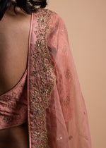 Load image into Gallery viewer, Tira- Peach Chanderi Silk Blouse and Tonal Tissue Chanderi Lehenga with Organza Silk Panels Paired with Banarasi Silk Tissue Dupatta in Handcrafted in Ari-Zardozi Embroidery and Gota Appliques
