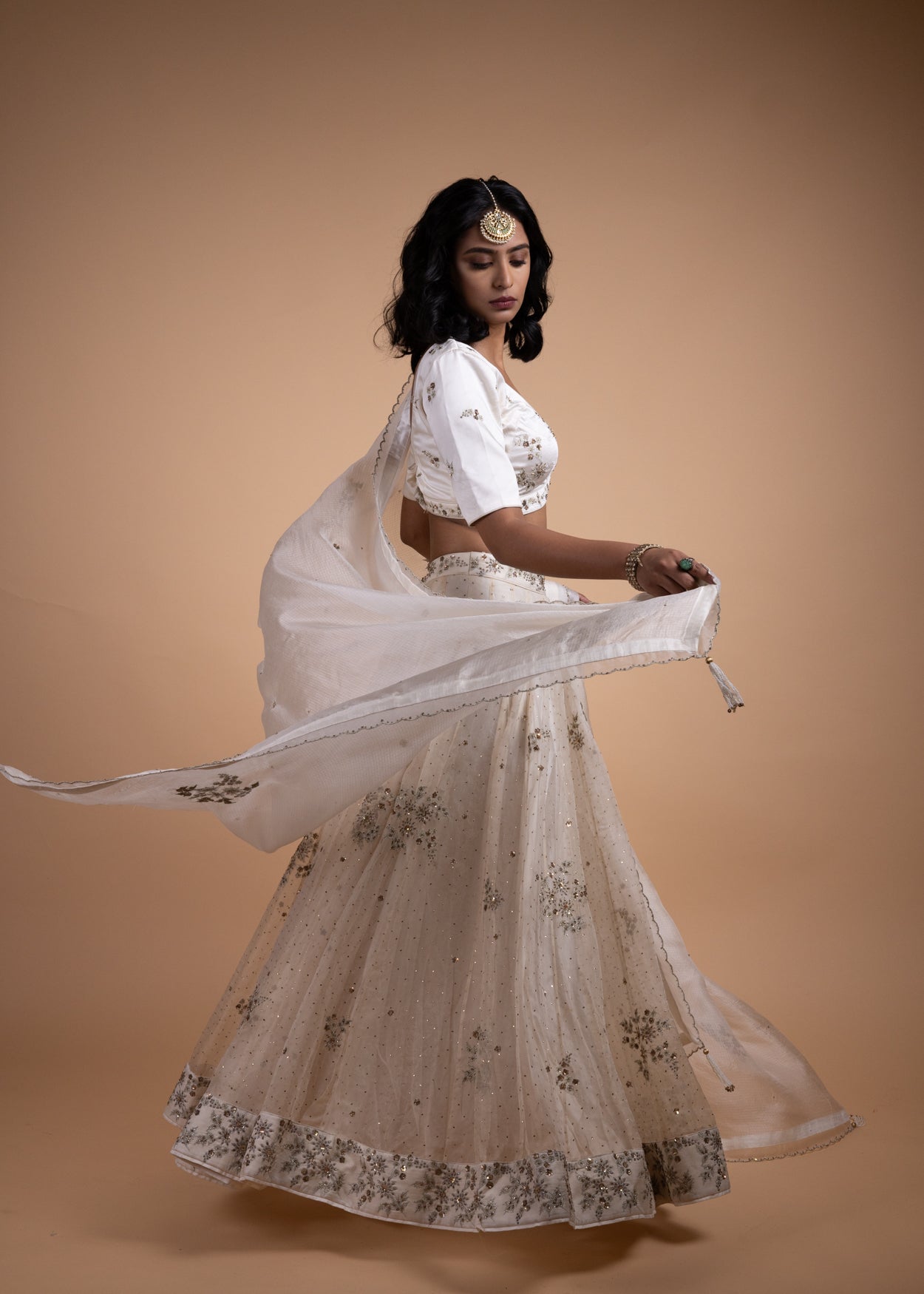 Rashi - Organza Mukaish Lehenga with Matching Dupatta and Delicate Chanderi Blouse, Each Piece Adorned with Handcrafted Ari-Zardozi Embroidery