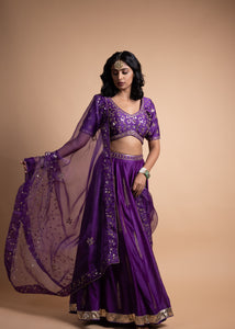 Rani- Purple Chanderi Silk Blouse and Tonal Lehenga Paired with Net Dupatta in Handcrafted in Ari-Zardosi Embroidery and Gota Appliques