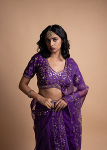 Rani- Purple Chanderi Silk Blouse and Tonal Lehenga Paired with Net Dupatta in Handcrafted in Ari-Zardosi Embroidery and Gota Appliques