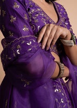 Load image into Gallery viewer, Rani- Purple Chanderi Silk Blouse and Tonal Lehenga Paired with Net Dupatta in Handcrafted in Ari-Zardosi Embroidery and Gota Appliques
