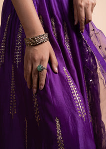 Rani- Purple Chanderi Silk Blouse and Tonal Lehenga Paired with Net Dupatta in Handcrafted in Ari-Zardosi Embroidery and Gota Appliques