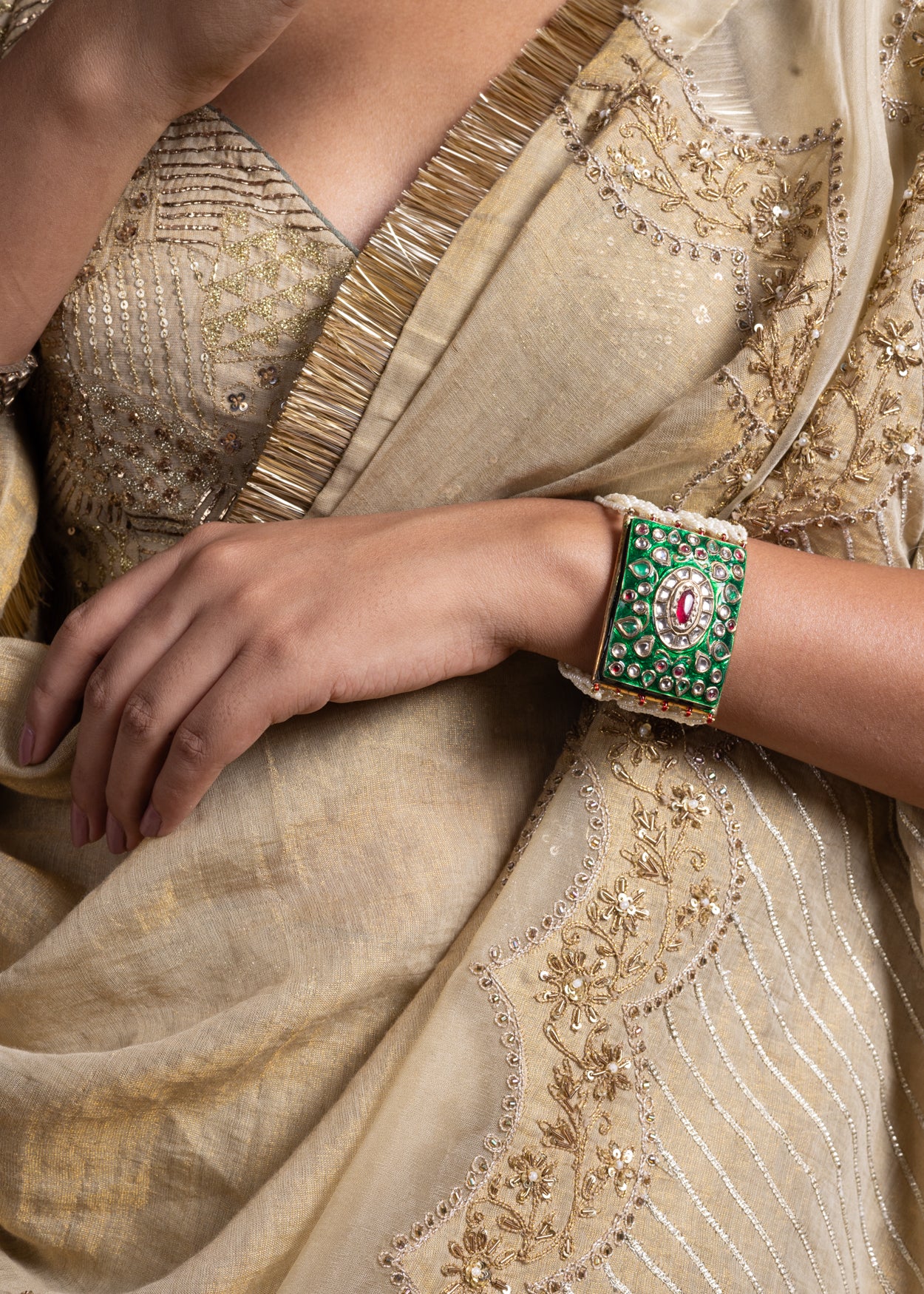 Kira - Soft Green Chanderi Silk Blouse and Tonal Lehenga Paired with Tonal Tissue Chanderi Dupatta Handcrafted in Ari-Zardosi Embroidery