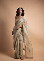 Load image into Gallery viewer, Ahana - Light Green Organza Saree Paired with a Chanderi Blouse and Adorned with Handcrafted Ari-Zardozi Embroidery
