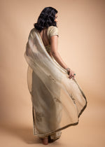 Load image into Gallery viewer, Ahana - Light Green Organza Saree Paired with a Chanderi Blouse and Adorned with Handcrafted Ari-Zardozi Embroidery
