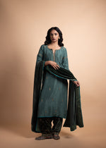 Load image into Gallery viewer, Misha - Green Silk Straight Suit Set, Lined with Soft Cotton and Adorned with Intricate Ari-Zardozi Embroidery, Paired with a Rich Velvet Dushala and Delicate Modal Satin Piping
