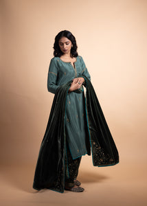 Misha - Green Silk Straight Suit Set, Lined with Soft Cotton and Adorned with Intricate Ari-Zardozi Embroidery, Paired with a Rich Velvet Dushala and Delicate Modal Satin Piping