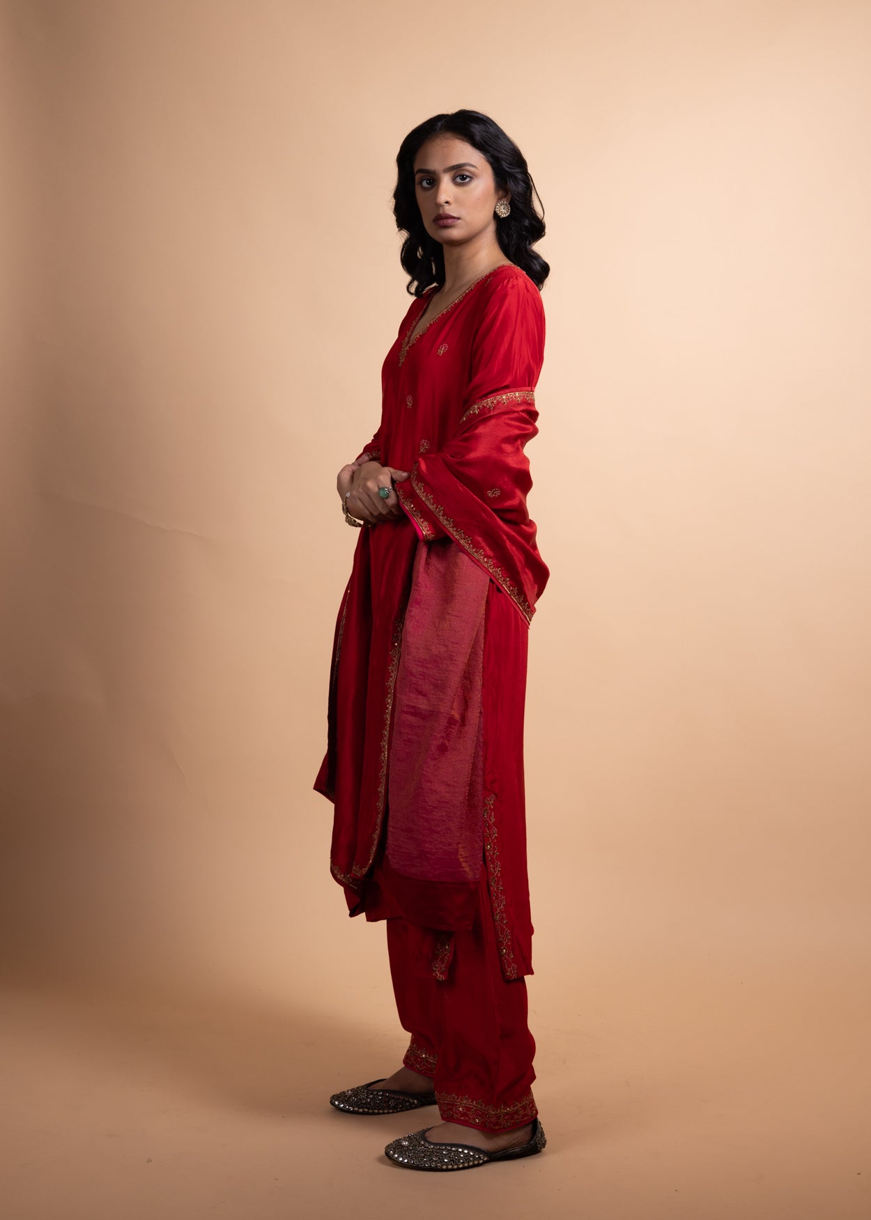 Aashi - Red Silk Straight Suit Set with Ari-Zardozi Hand Embroidery, Paired with Silk Bottoms and Matching Silk Dupatta