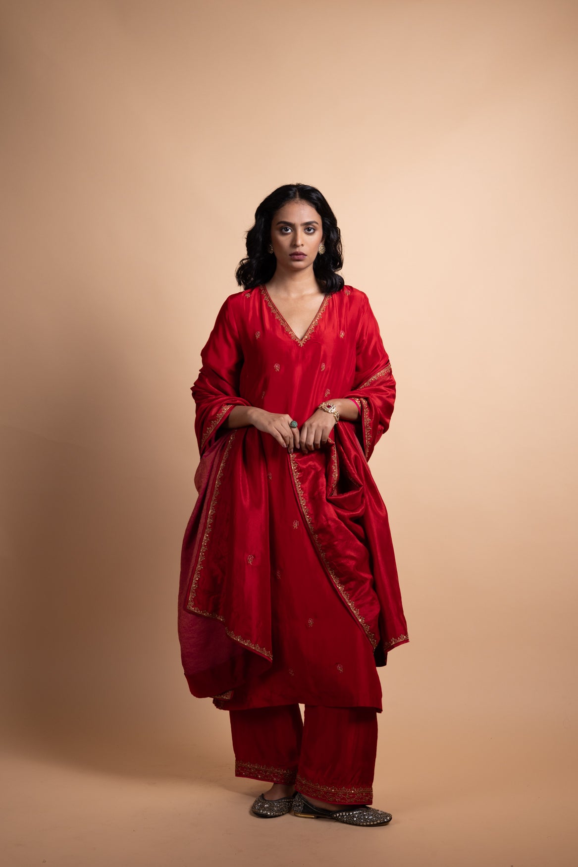 Aashi - Red Silk Straight Suit Set with Ari-Zardozi Hand Embroidery, Paired with Silk Bottoms and Matching Silk Dupatta