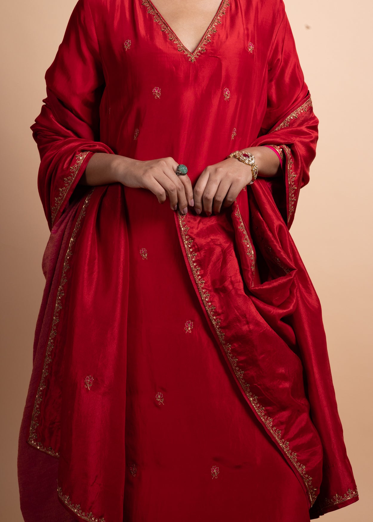 Aashi - Red Silk Straight Suit Set with Ari-Zardozi Hand Embroidery, Paired with Silk Bottoms and Matching Silk Dupatta