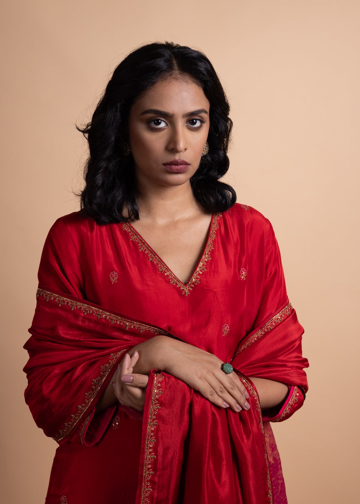 Aashi - Red Silk Straight Suit Set with Ari-Zardozi Hand Embroidery, Paired with Silk Bottoms and Matching Silk Dupatta